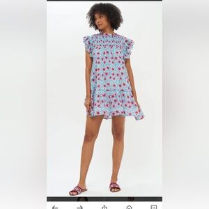 Oliphant Small Jardin turquoise pintuck mini Flirty smocked dress